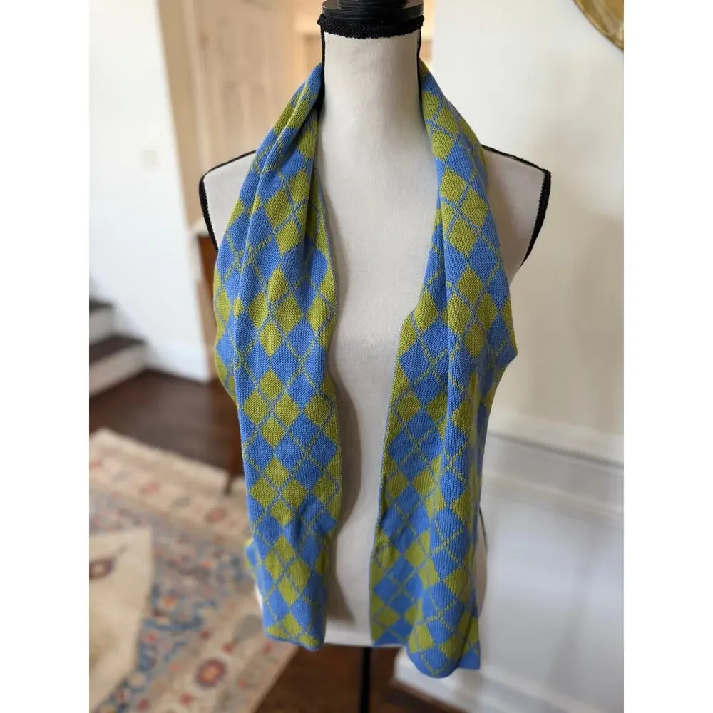 Vintage Y2K Lime Green & Blue Argyle Preppy Plaid Knit Scarf